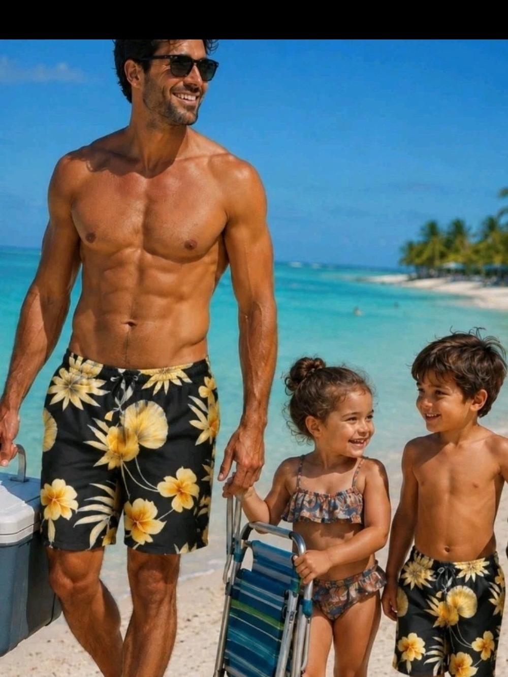 Men's Black Swim Trunks with Yellow Hawaiian Floral Print In XXL